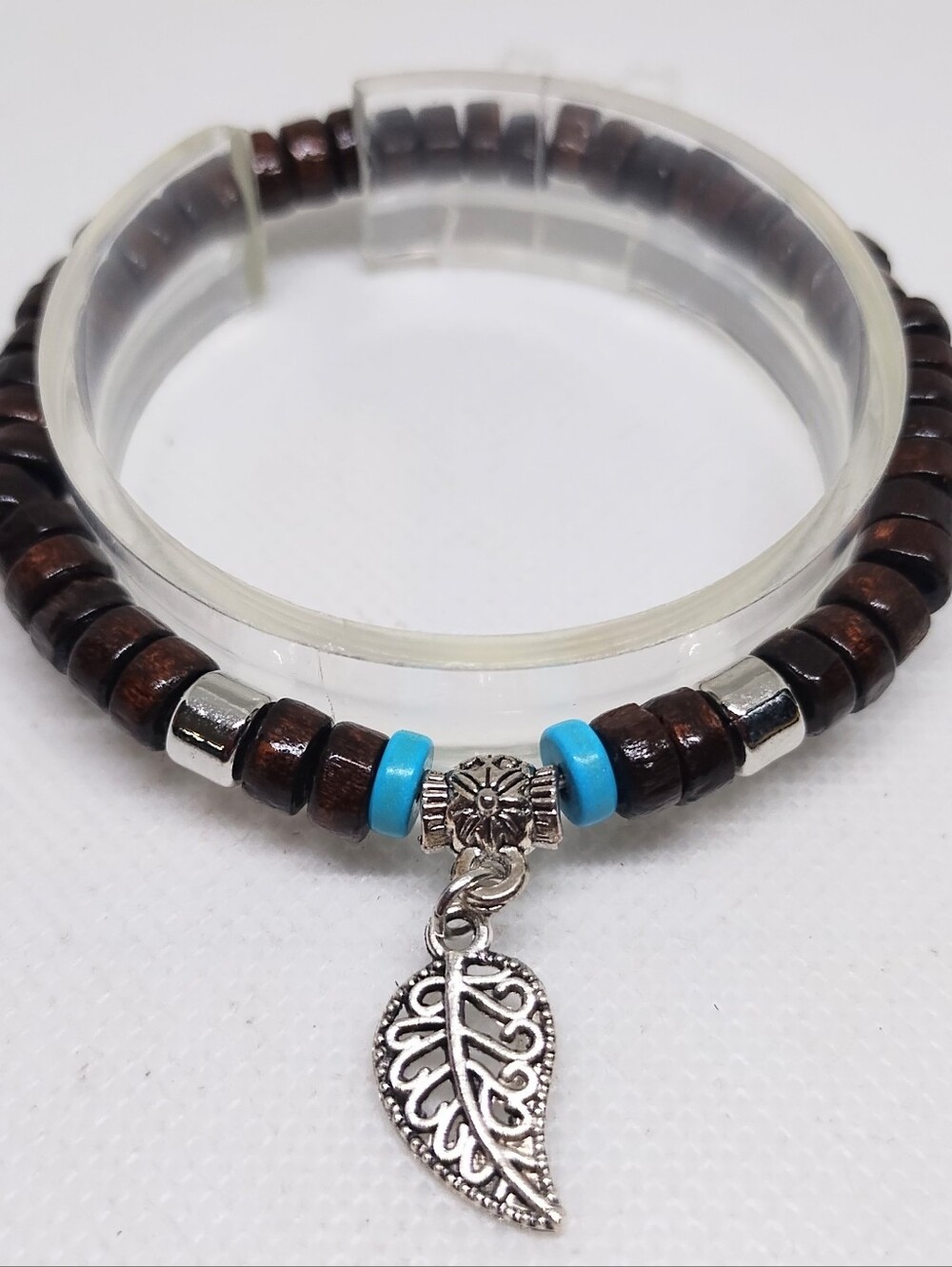 Boho Turquoise Accent Wooden Bead Leaf Charm Bracelet Men's G31